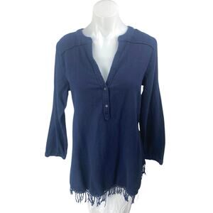 Calypso Women's Blue Long Sleeve Fringe Button V-neck Tunic Blouse Top Size L